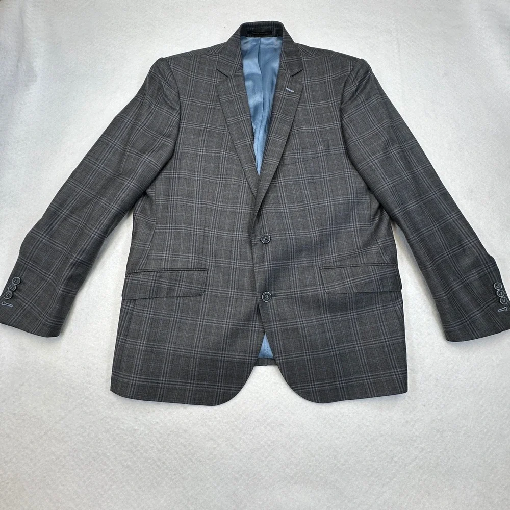 J.Hilburn Sport Coat Mens 43R Grey Blue Glen Plaid 100% Wool European Fit Blazer